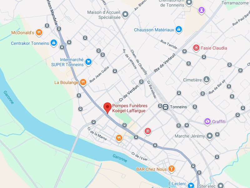 Localisation Pompes Funèbres Koegel-Laffargue à Tonneins Plan de Tonneins avec épingle sur Pompes Funèbres Koegel-Laffargue, près de la Garonne et commerces comme Intermarché.